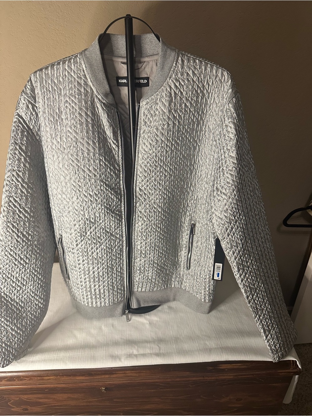 Karl Lagerfeld Metallic Silver Quilted Bomber Jacket XL
